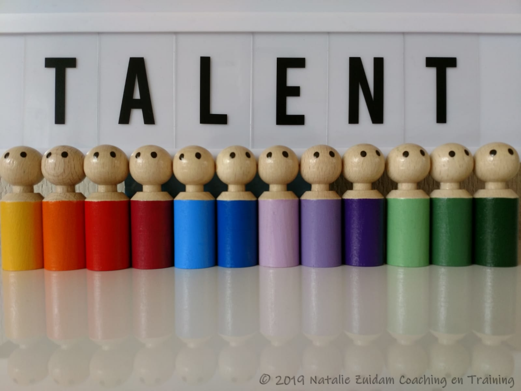 Houten poppetjes in regenboogkleuren onder het woord "TALENT"